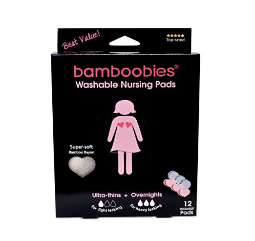 Bamboobies Washable Reusable Nursing Pads with Leak-Proof Backing for Breastfeeding, 3 Regular Pairs and 3 Overnight Pairs, 12 Count