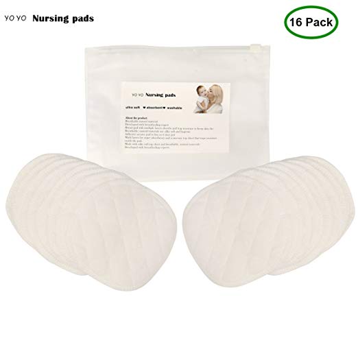 (16 Pack) Washable Nursing Pads Reusable Breast Feeding Pads Layers of 100% Organic Cotton(White,Round)