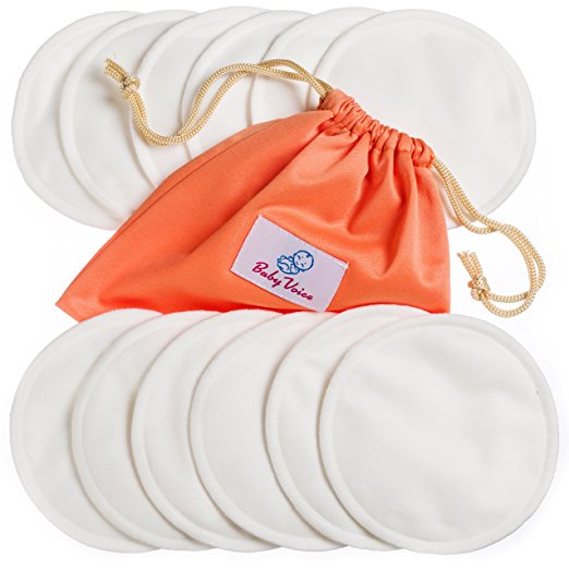 Nursing Pads 12 Pack | Organic Bamboo | Laundry & Travel Bag | Breastfeeding Guide Ebook | Washable & Reusable Breast Pads by BabyVoice (Medium, White)