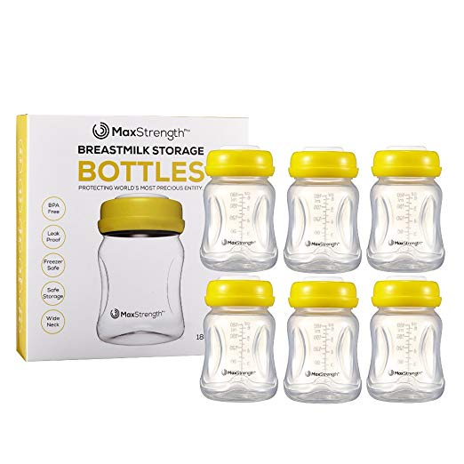 Breastmilk Bottles 6pc Set with Leak Proof Lids by Max Strength Pro, 6.oz 180ml Reusable Wide Neck Bottles Best for Breast Milk Collection & Storage Solution, BPA Free, Fits Spectra & Avent Models