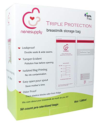 NeneSupply 50 Count 6oz 180ml Breastmilk Storage Bags. Leakproof and BPA Free. (50 Count)