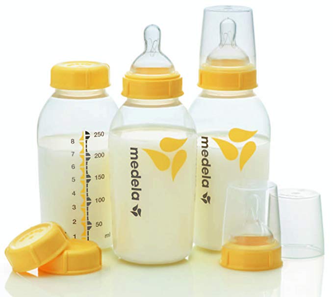 Breast Milk Feeding Storage Set 8 oz/ 250 ml, Breast Milk Bottle 3-Pack, Solid Lids, Medium-Flow Silicone Nipples, Wide Base Collars Travel Caps