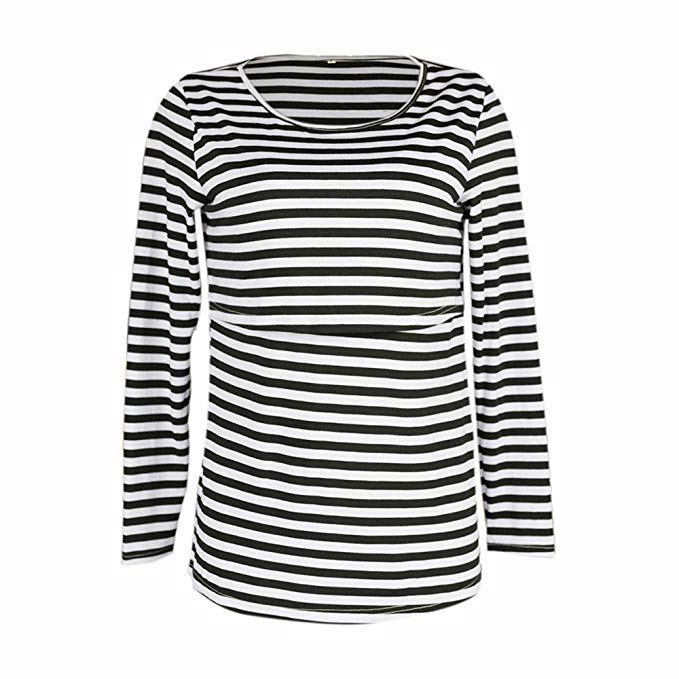 ILUCI Mom Maternity Nursing Tops Striped T-Shirt With Easy Breastfeeding Openings Pregnant Long Sleeve Tops Blouse