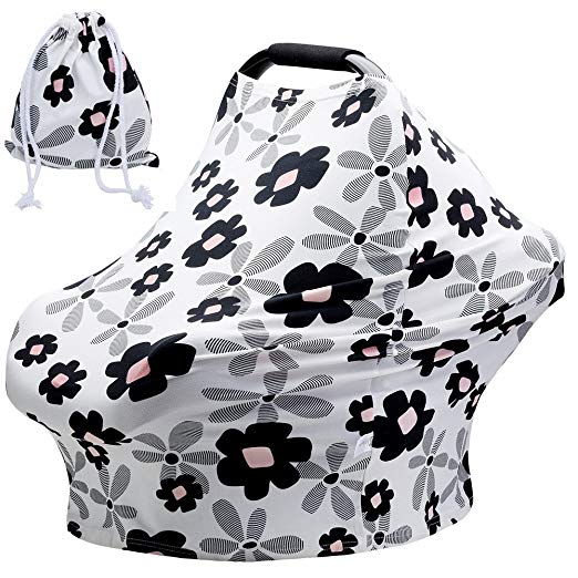 Baby Car Seat Covers for Girls with Pouch Versatile Stretchy Floral Babies Car Seat Protector Infant Stroller Canopy Nursing Covers for Travel Breastfeeding Covers Shopping Cart Cover for Girls