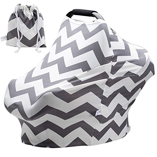 Baby Car Seat Covers Super Soft Stretchy and Breathable Nursing Covers for Boys and Girls with Pouch Cute Gray Wave Stripes