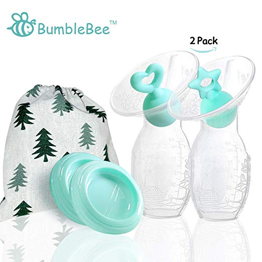 Bumblebee Manual Breast Pump with 2 Pack Breastfeeding Milk Saver Green Star &Heart Stopper& lid in Gift Box Breastpump 100% Food Grade Silicone bpa PVC and Phthalate Free