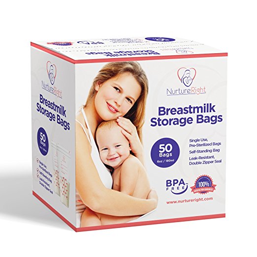 50 Breastmilk Storage Bags - 6oz / 180ml Pre-Sterilized & BPA-Free Bags, Designed for Even and Faster Thawing with Leak Proof Mechanism by Nurture Right, New & Improved