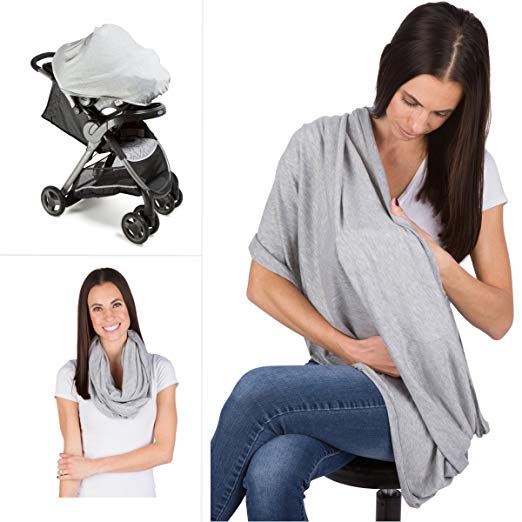 Nursing Scarf Breastfeeding Cover – Car Seat Cover Canopy, Stroller, Multi-Use Stretchy Breathable Lightweight Shawl for Girls and Boys (Grey)