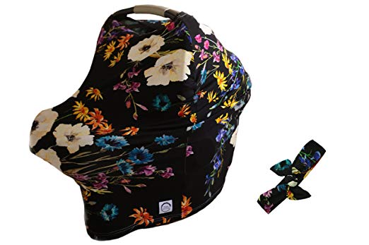 100% Organic Bamboo Nursing Cover and FREE Matching Bow - Best Multi-Use Cover for Sensitive Skin, Car Seat Canopy, and Gifting. (Black Floral)