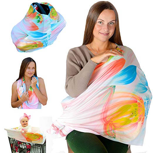 Nursing Cover and Breastfeeding Scarf for Newborn - Cotton Beastfeeding Cover is Wide, Stretchy and Super Soft - Multifunctional 5-in-1