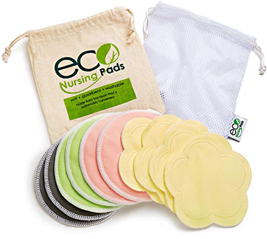 Washable Reusable Bamboo Nursing Pads | Organic Bamboo Round Breastfeeding Pads, Ultra-Soft Velvet Flower Pads | 10 Pack with 2 BONUS Pouches & FREE E-Book by EcoNursingPads | Perfect Baby Shower Gift