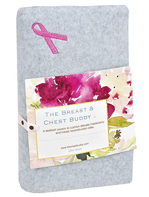 The Breast and Chest Buddy Mastectomy Pillow and Seatbelt Cushion for Mastectomy and Breast Reconstruction Sites Gray with Pink Ribbon