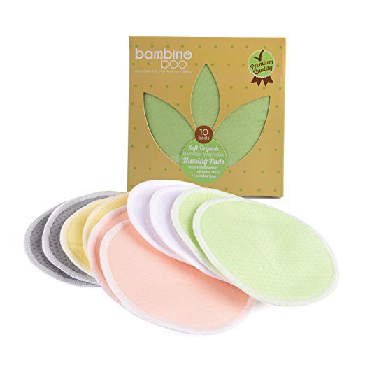 Bambino Boo Organic Bamboo Nursing Pads (10 Pack) | Washable, Soft, Breathable & Absorbent Breastfeeding Pads | Silicone Dots for Stability | Leakproof Outer Layer for Dry Breast | Bonus Laundry Bag