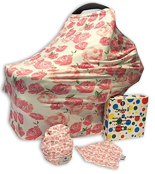 Styles II Nursing Cover Set - Car Seat Canopy, Shopping Cart, High Chair, Stroller & Carseat Cover for Boys & Girls - Multi Use Breastfeeding Cover - Includes Nursing Cover, Bib & Baby Hat Beanie Cap