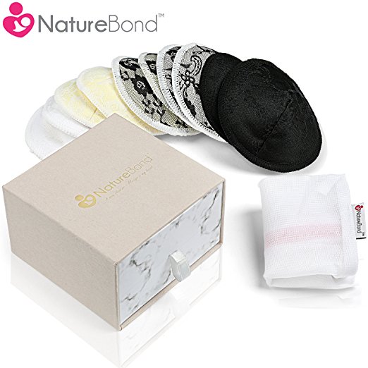 NatureBond Washable Organic Bamboo Nursing Pads (10 PCs) | Contoured Reusable Breast/Breastfeeding Lace Pads | Beautiful Absorbent Hypoallergenic | Bonus Laundry Bag | Perfect Baby Shower Gift