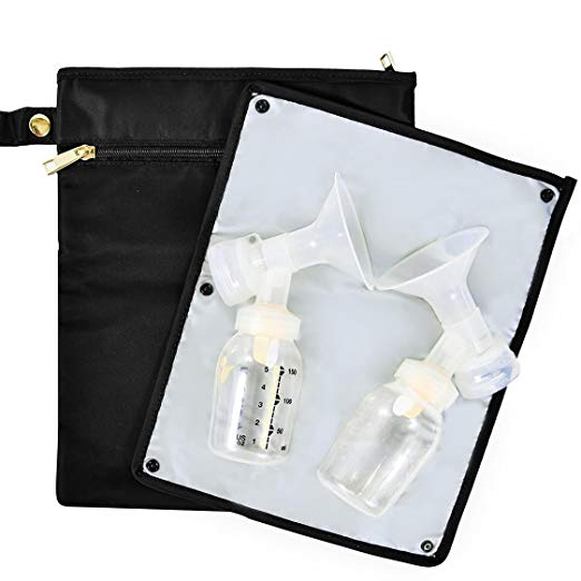 The New Yorker Wet/Dry Bag for Breast Pump Parts, Includes Staging Mat (Black/Gold)