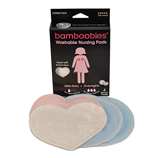 bamboobies Washable Reusable Nursing Pads with Leak-Proof Backing for Breastfeeding, 2 Pairs for Day and Overnight Protection