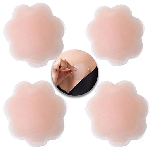 2 Pairs of Silicone Nipples Shields Pasties Covers Shields Pads Reusable Self Adhesive In Neutral Skin Nude Color and Petals Shapes
