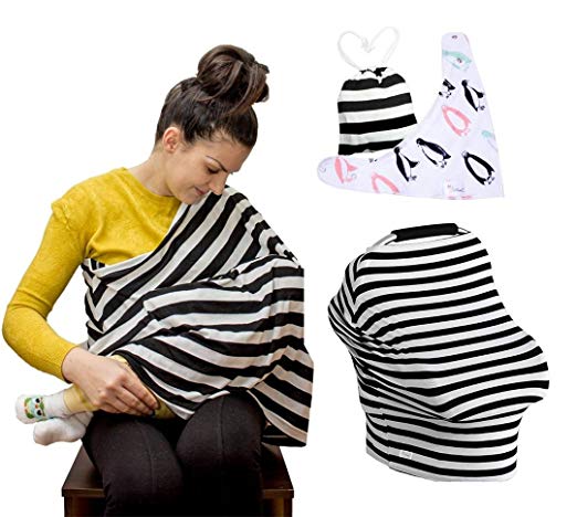 Cotton Nursing Cover - Stretchy Car Seat Covers, Canopy for Babies and Breastfeeding Cover Ups, Baby Bib Gift Set, Stylish Infinity Scarf and Shawl, Shopping Cart and Stroller Multi-Use
