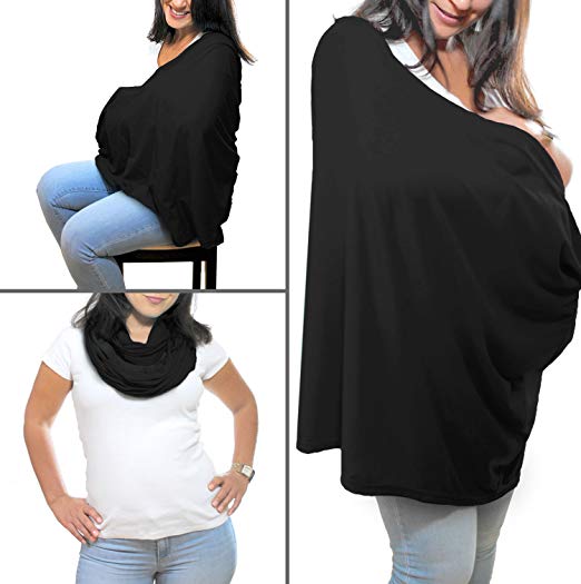 Breastfeeding Cover Infinity Scarf - Nursing Cover Converts to Multi-Use Baby Car Seat Canopy, Stroller Cover, High Chair and Shopping Cart Liner - Black