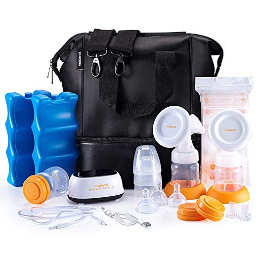 MADENAL Double Electric Breast Pump Travel Set, Ice Pack, Breastmilk Storage Bags, Super Quiet, Effective and Comfortable with On The Go Cooler Bag