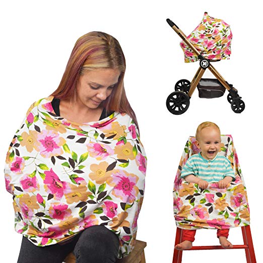 Nursing Breastfeeding Cover Scarf with Floral Watercolour Design for Baby Girls, Infant Car Seat Cover, Grocery - Shopping Cart Cover, 5 in 1 Multi Use Stretchy Canopy by Gufix