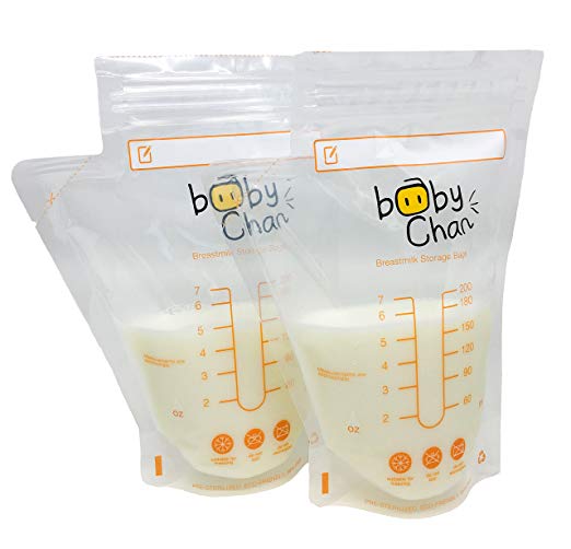 Baby Chan Breast Milk Storage Bags, 100 Count, with Double Zipper Seal and Convenient Pour Spout, Great for Storing and Freezing Breastmilk, Pre-sterilized, BPA and BPS Free