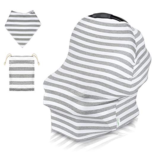 Pupiki Nursing Breastfeeding Cover: Soft, Cute, Stretchy Baby Breastfeeding Scarf w/Carry Bag + Bandana Drool Bib| Top Multipurpose Infant Canopy/Baby Car Seat Cover/Stroller/Car Seat Canopy