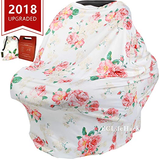 Stroller Breastfeeding Nursing Cover by CozyBomB for Infant and New Mother - Floral Pattern Soft and Sketchy Car Seat Canopy, Shopping Cart, Multi-use Scarf, Shawl for Baby Girls