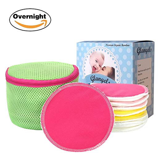 Glangels Thick Overnight Organic Bamboo Nursing Pads Washable Reusable Super Soft Hypoallergenic Antibacterial Breastfeeding Pads, Soothes Sensitive Nipple +Free Laundry Bag