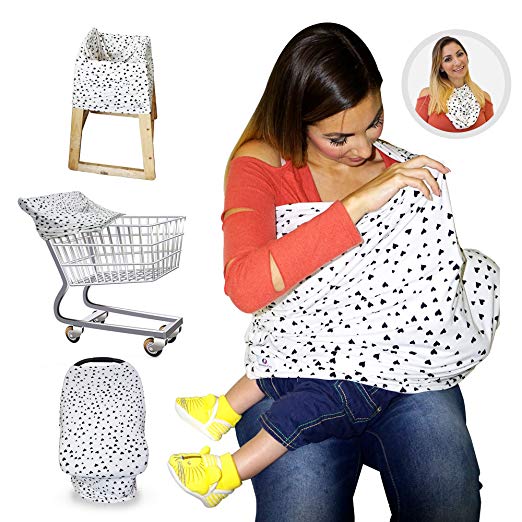 Mommyz Love Nursing Breastfeeding Cover/Scarf + Baby Car Seat Cover/Canopy + Shopping Cart/Stroller Cover + High Chair Cover for Infant Girls and Boys. Best 4 in 1 Multi Use Stretchy Covers (Hearts)